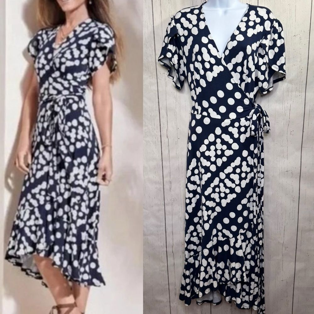 Cabi The Perfect Wrap Dress S Navy Polka Dot Flutter Sleeve Midi Classic Soft
